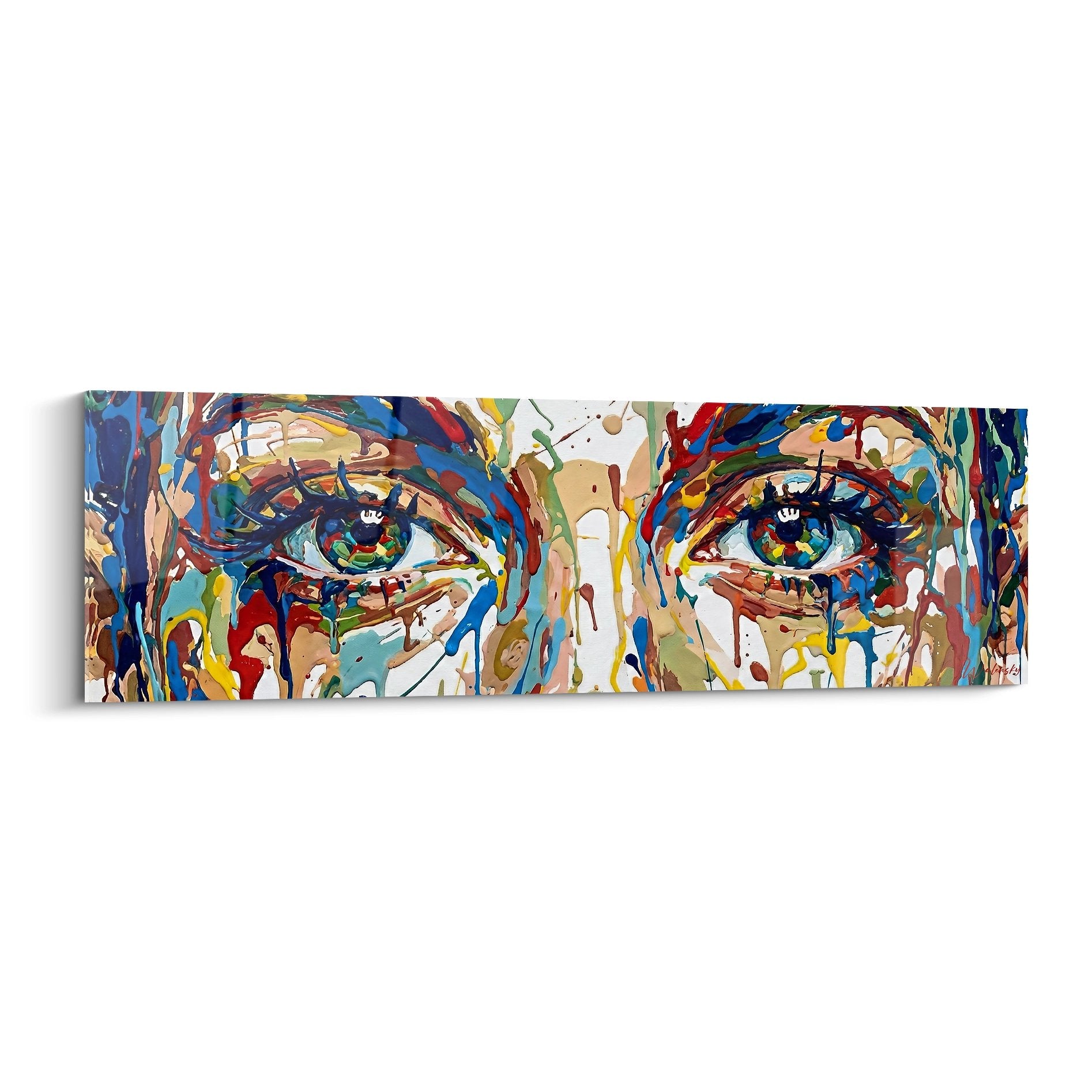 Tableau street art regard intense yeux expressifs couleurs eclaboussees multicolores dripping peinture gestuelle