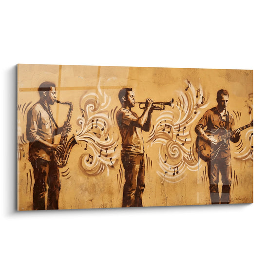 Quadro trio di musicisti jazz toni dorati e marroni - Melodia urbana - Edizione street art stencil