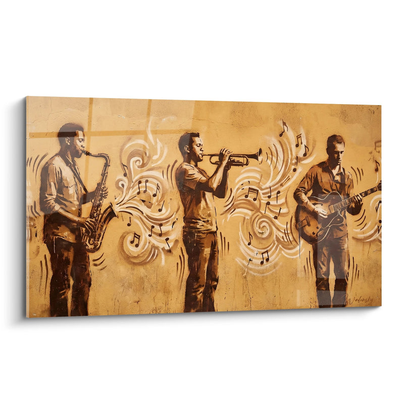 Quadro trio di musicisti jazz toni dorati e marroni - Melodia urbana - Edizione street art stencil