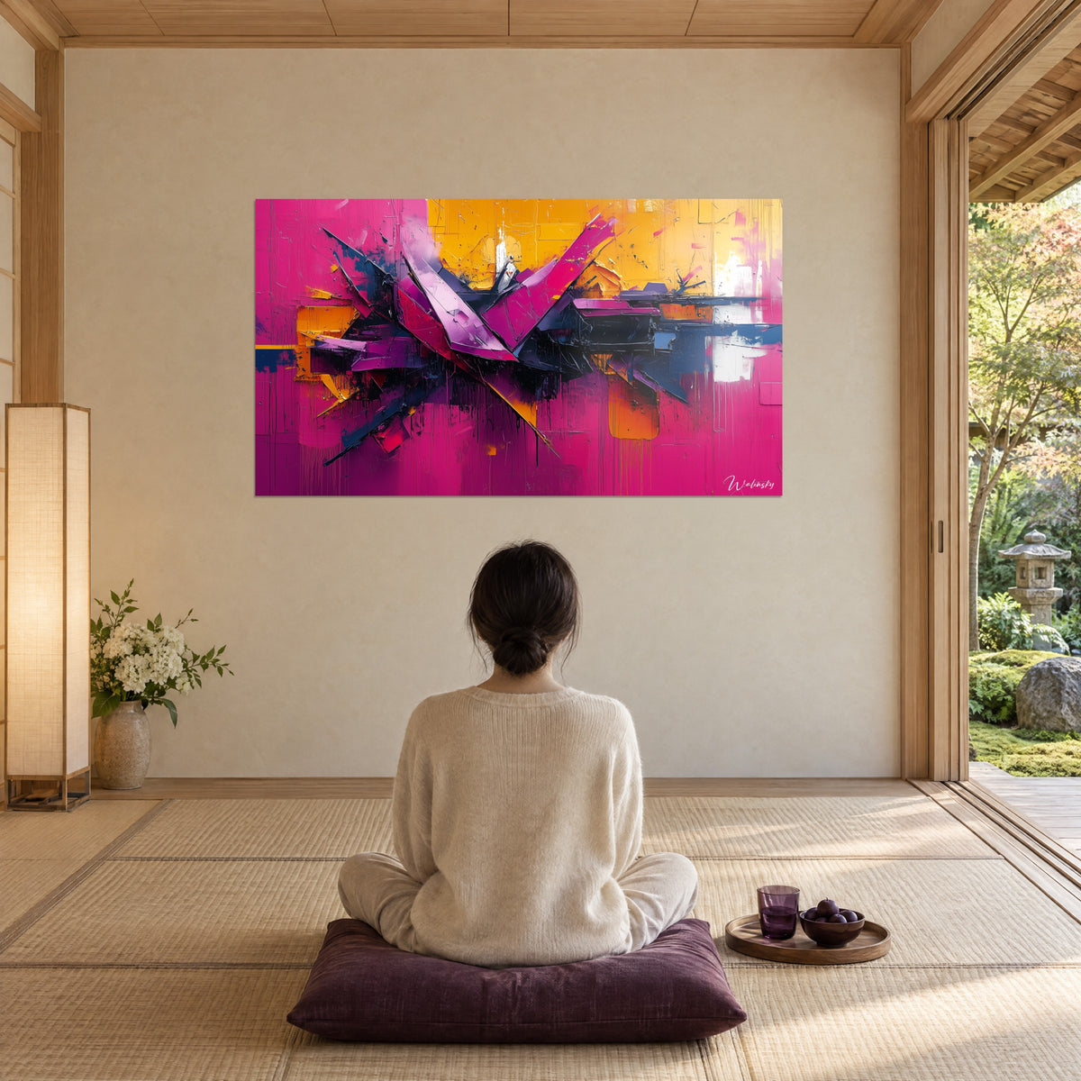 Quadro furia pittorica magenta, giallo ocra e nero, piani angolari in rilievo, di fronte a una meditante su tatami