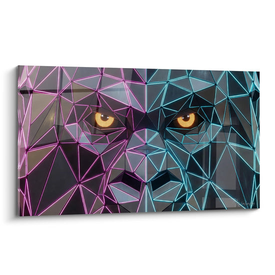 Tableau visage géométrique rose et turquoise avec yeux dorés - Regard électronique - Edition Street art néon fluo