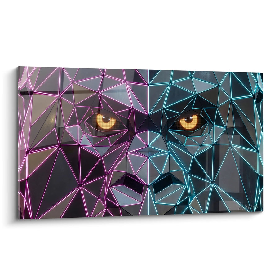 Geometrisch roze en turquoise gezichtstafereel met gouden ogen - Elektronische blik - Neon fluorescerende streetart editie