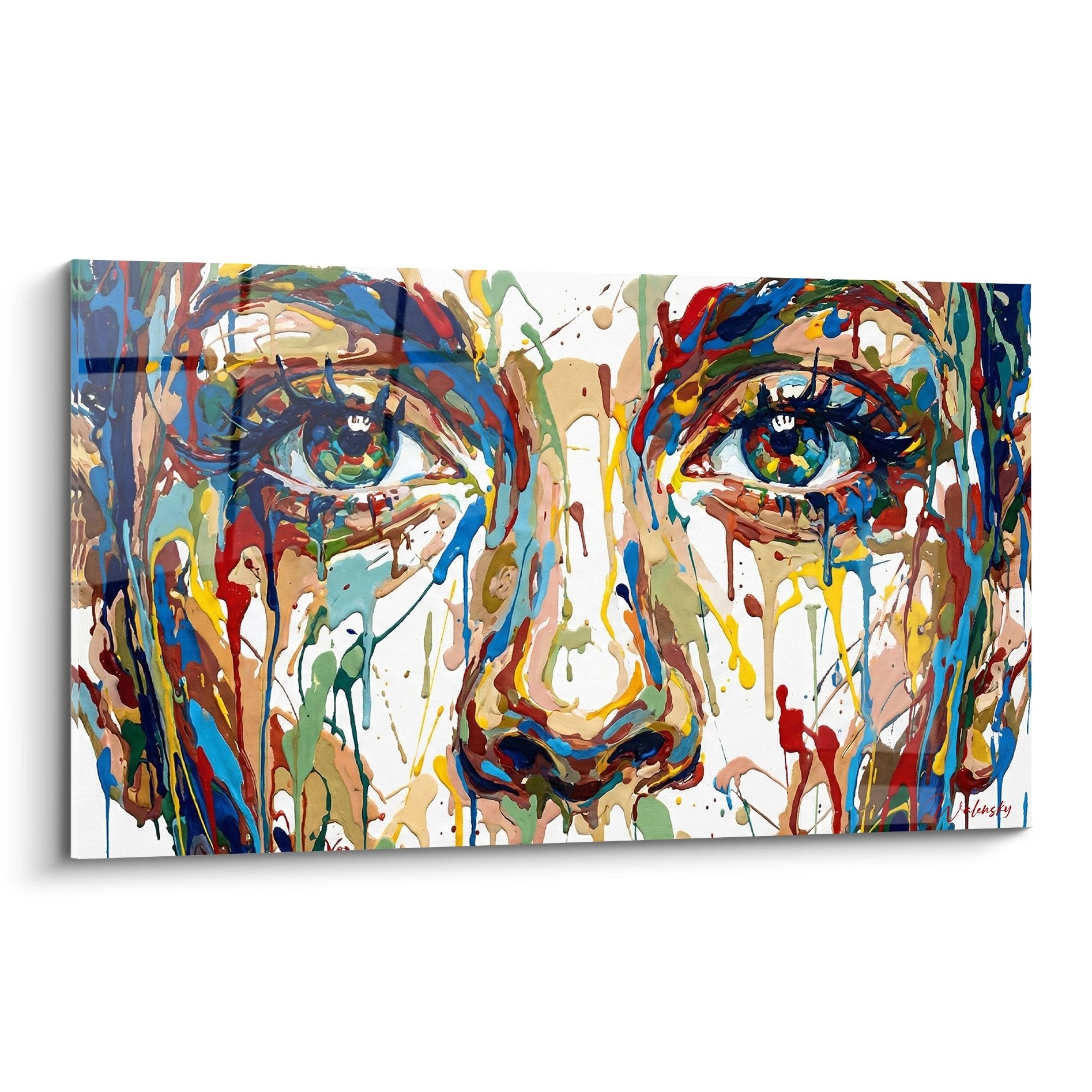 tableau street art visage multicolore yeux verts coulures rouge orange jaune bleu eclaboussures fond blanc art urbain moderne