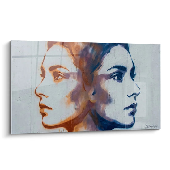 Dipinto volti a specchio toni arancio e blu - Dualità urbana - Edizione Street art stencil