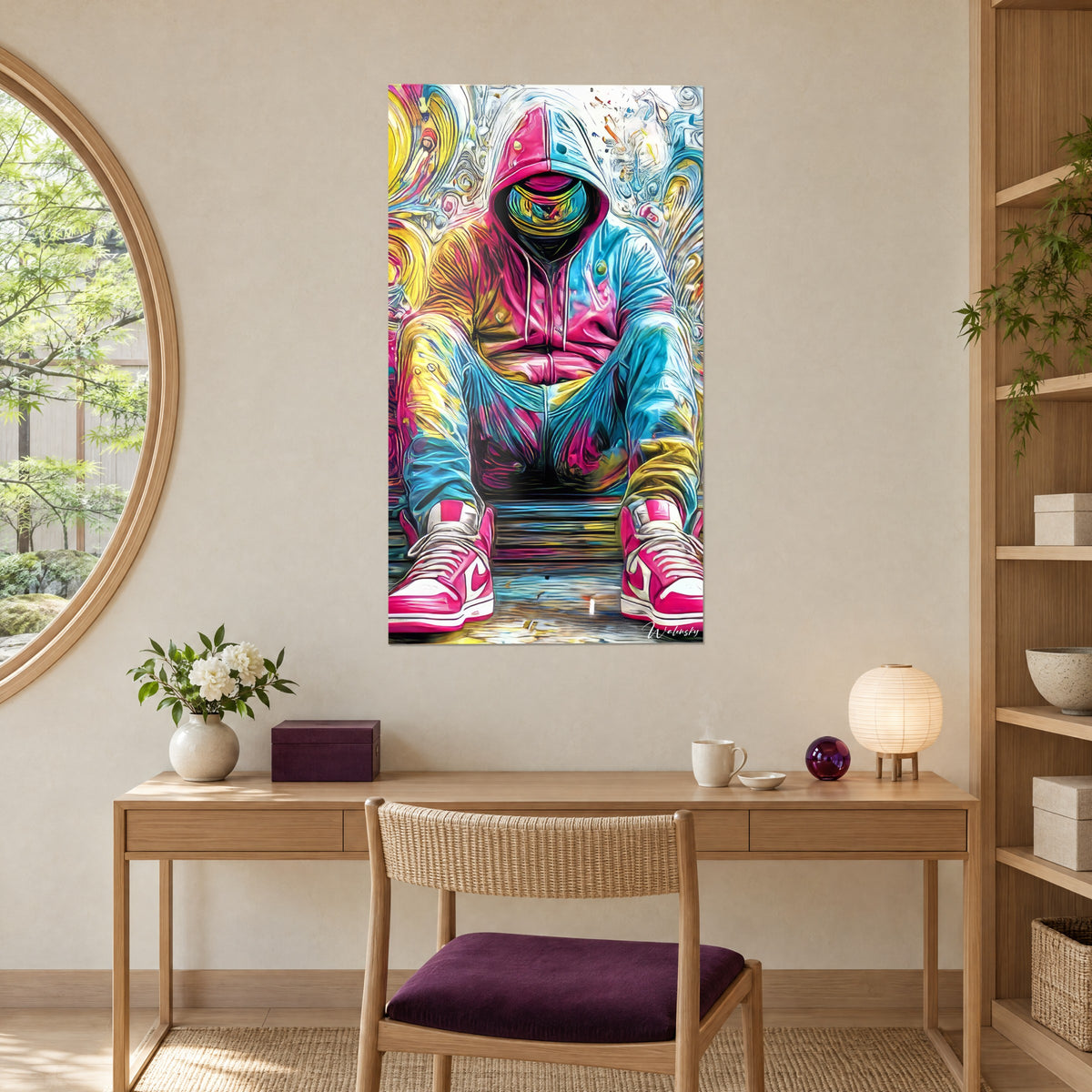 Cuadro de un joven agachado con sudadera magenta y azul cielo, matices amarillo mostaza, colgado detrás de un escritorio de madera clara
