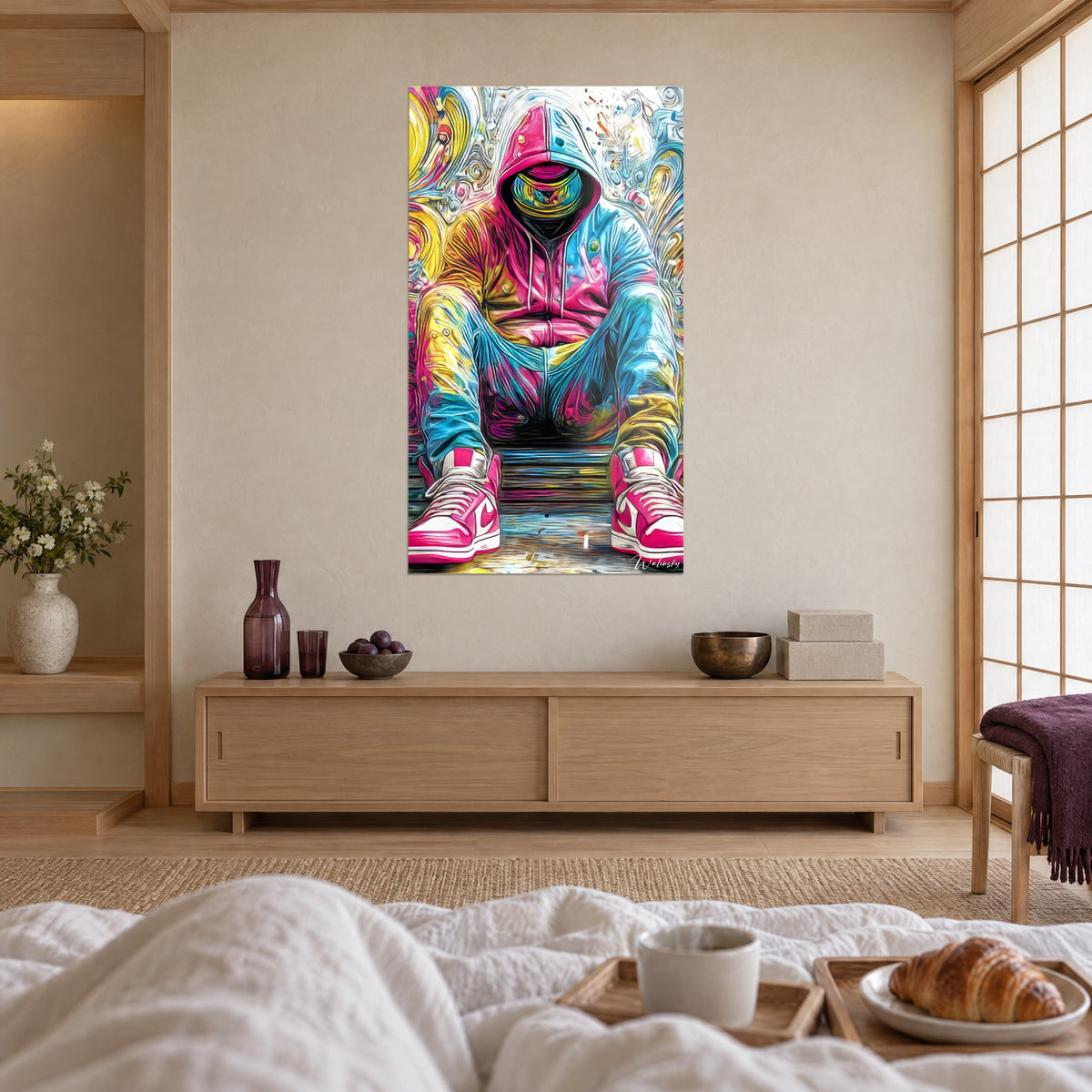 Cuadro de un personaje streetwear con capucha rosa, pantalón turquesa y amarillo, zapatillas fucsia, colgado sobre una cama en un dormitorio claro