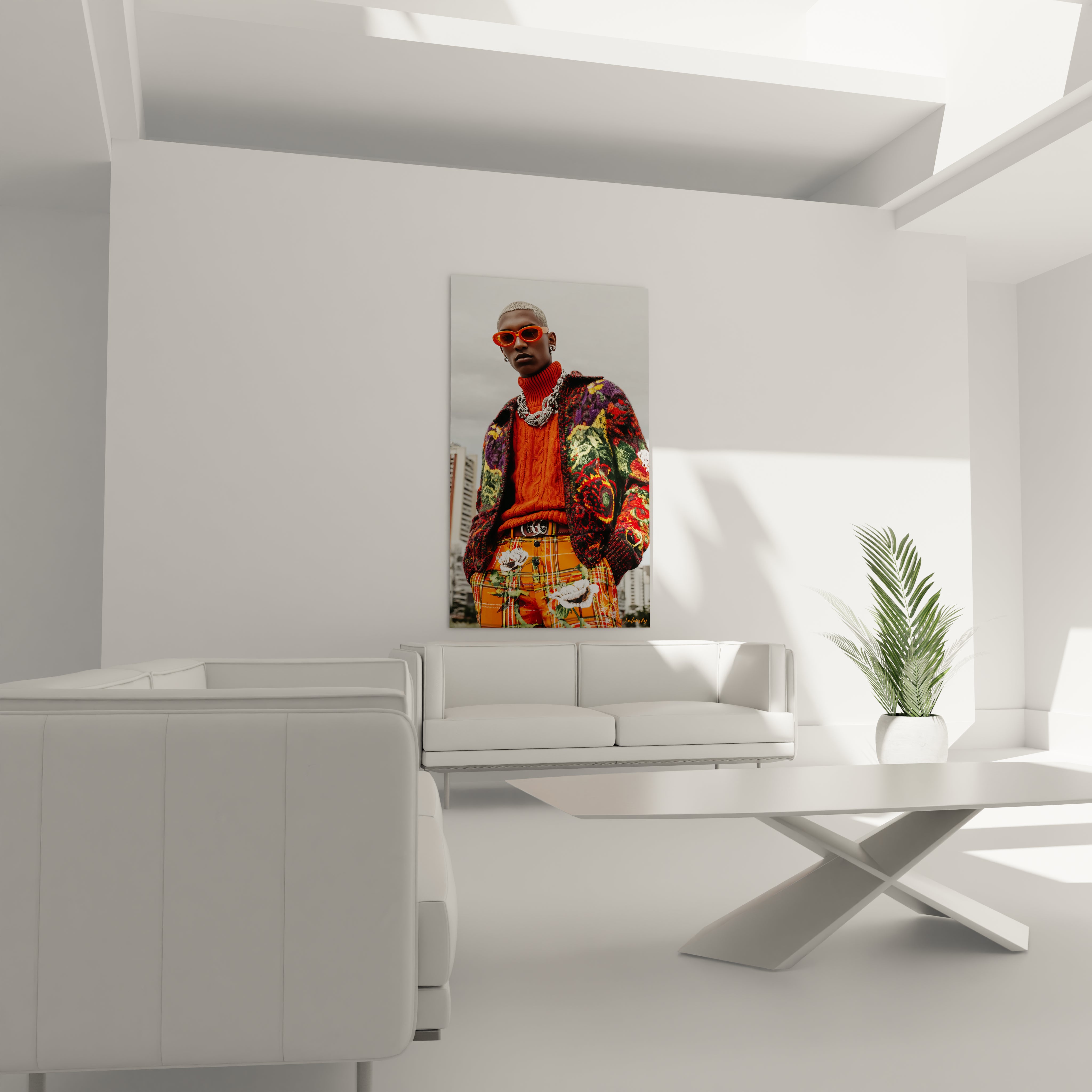 Tableau mural streetwear design de Walensky représentant un homme dans une tenue colorée et stylée