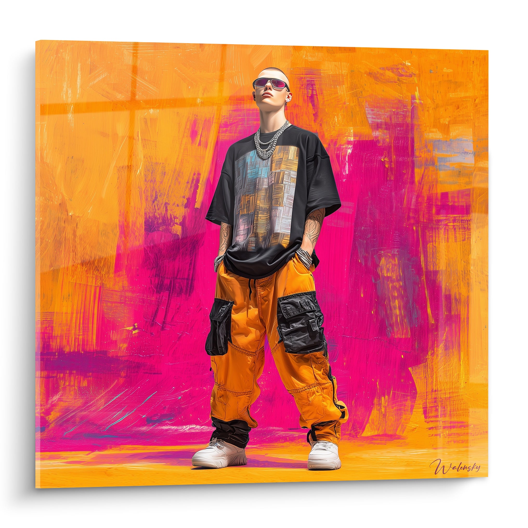 Homme au crâne rasé, pantalon cargo orange et tee-shirt noir, fond peint rose fuchsia et orange vif