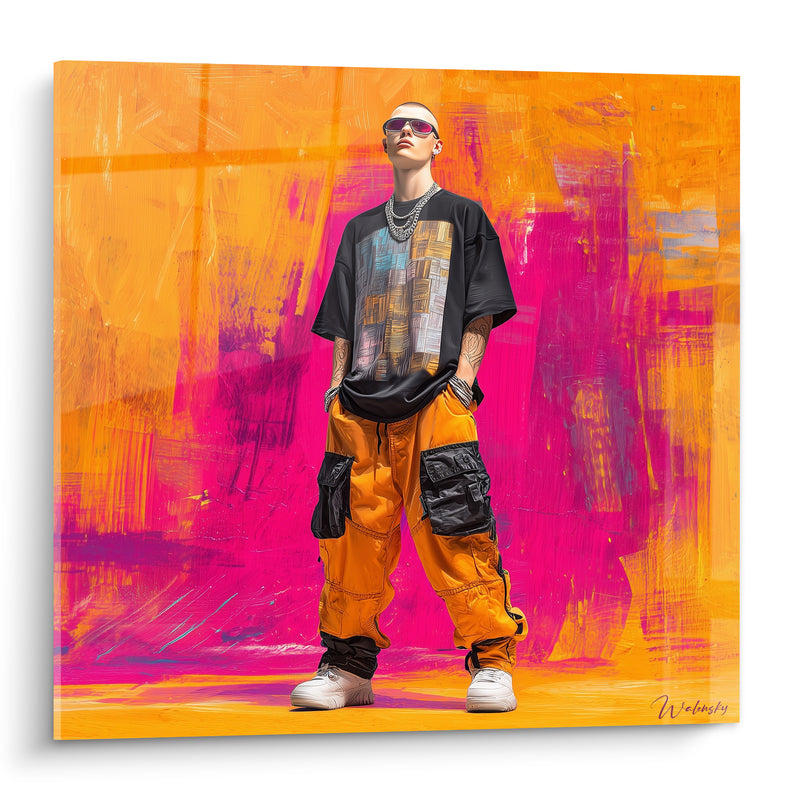 Tableau Homme au pantalon cargo orange - Attitude frontale - Edition Streetwear