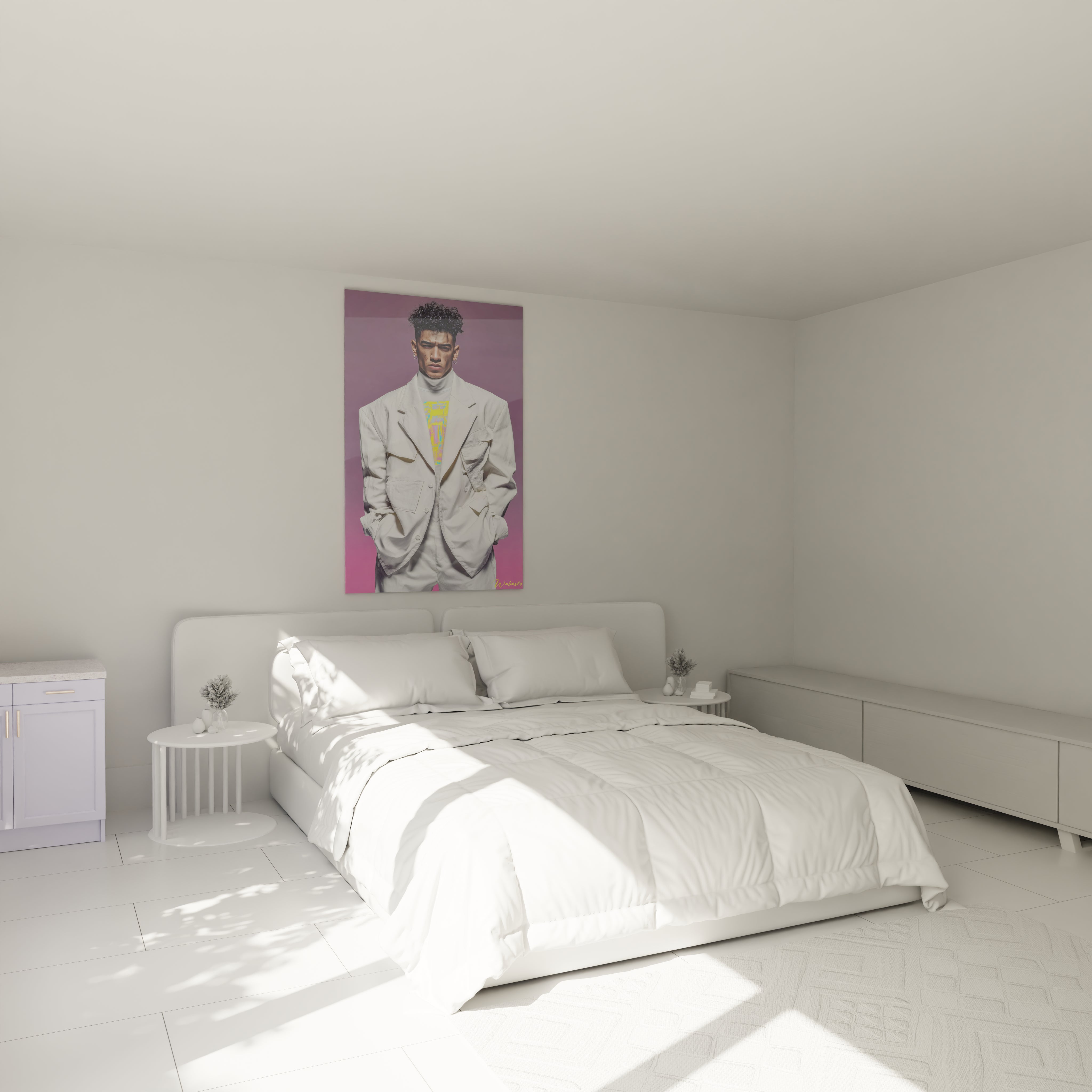 Tableau streetwear homme de Walensky accroché dans une chambre moderne au style épuré.
