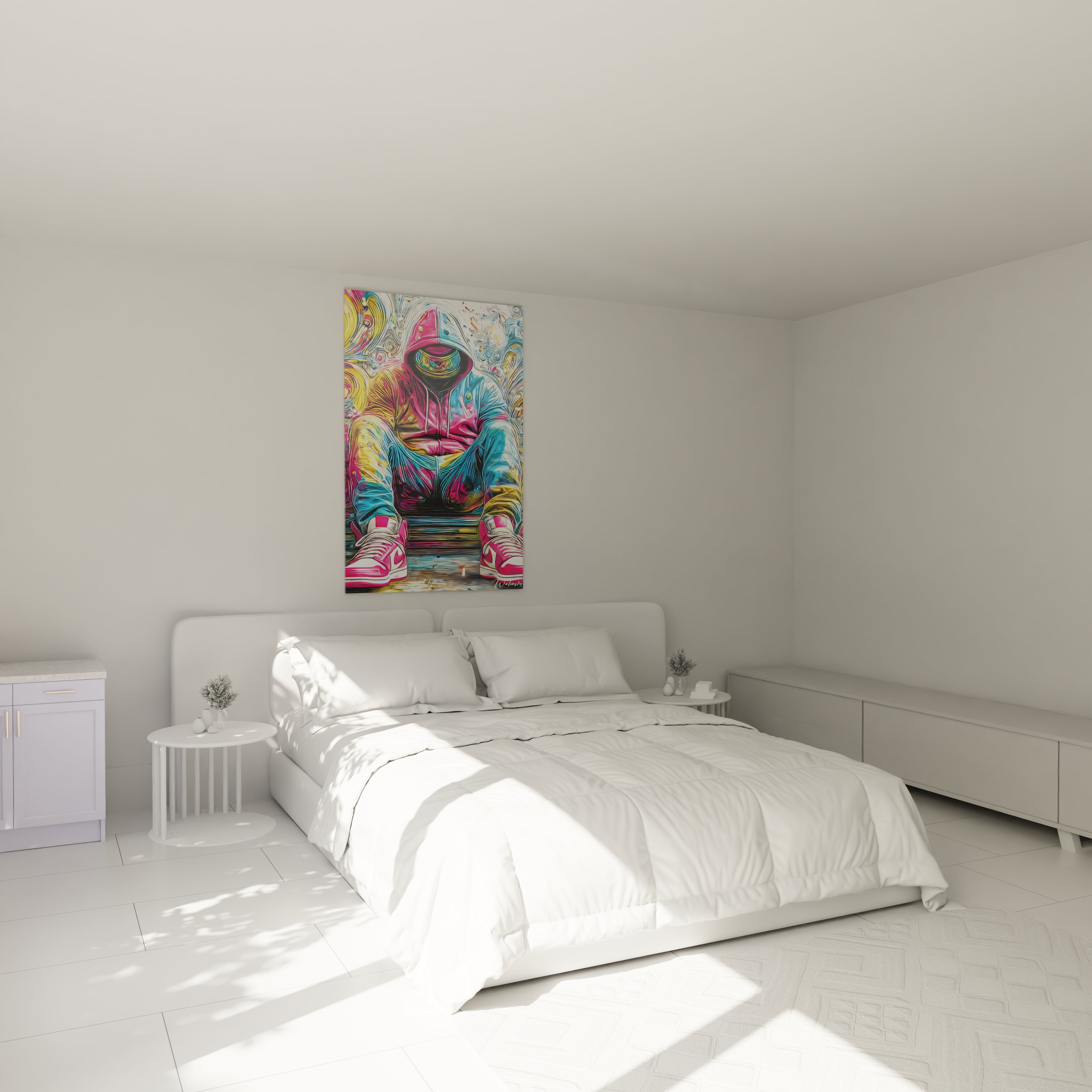 Tableau streetwear moderne de Walensky représentant un jeune en sweat dans une chambre lumineuse