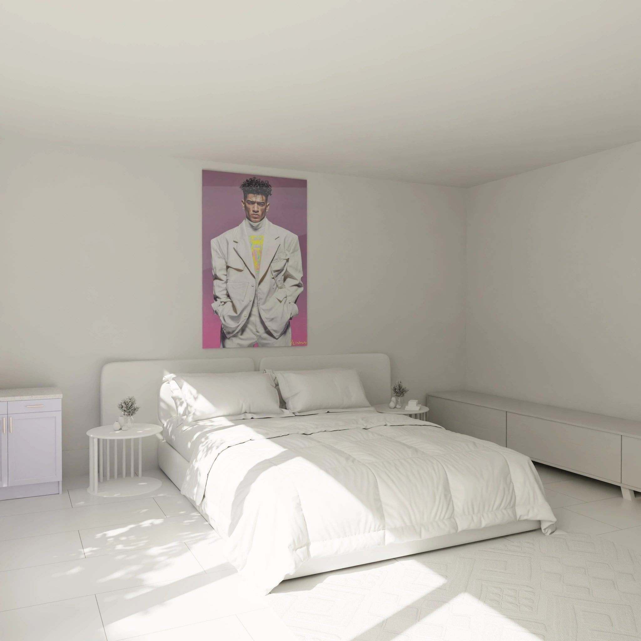 Tableau streetwear homme de Walensky accroché dans une chambre moderne au style épuré.