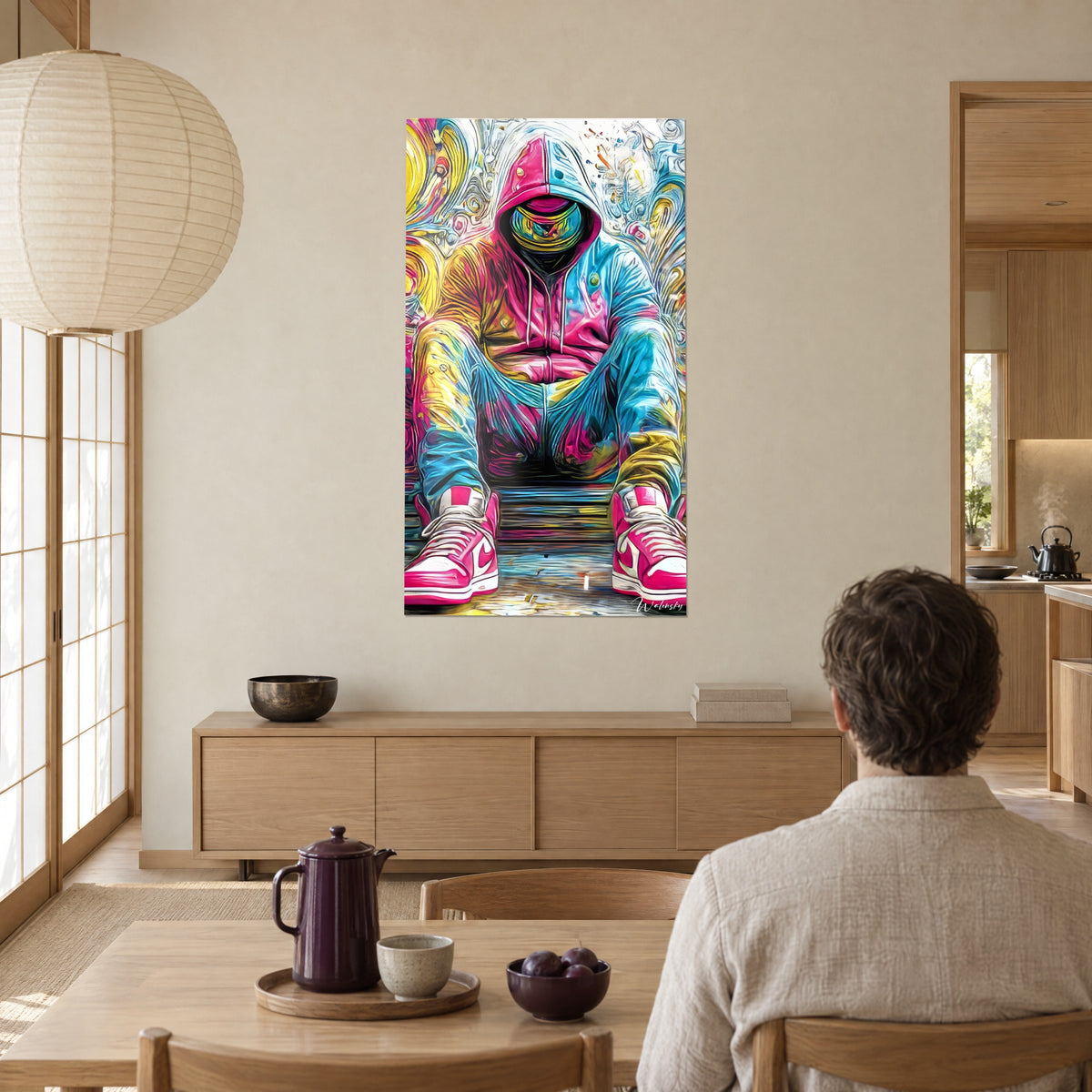 Cuadro de un personaje encapuchado con máscara dorada arcoíris, remolinos de colores, frente a un hombre sentado a la mesa con su taza de gres