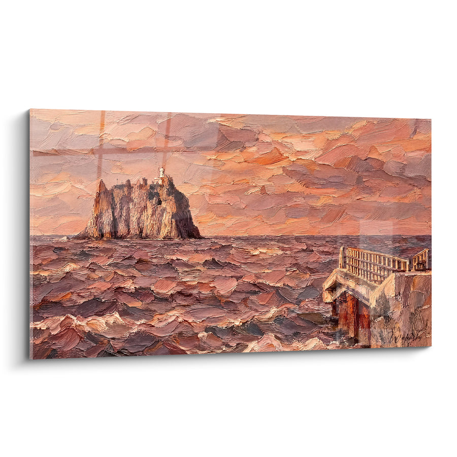 Tableau Îlot rocheux aux teintes corail et pourpre - Veille au crépuscule - Edition Strombolicchio Sicile Italie