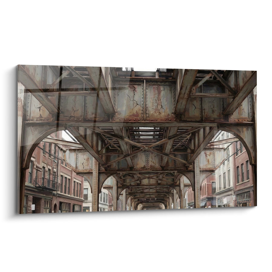 Tableau Structure Métallique Rouillée et Bâtiments Urbains - Perspective Industrielle - Edition Le Bronx