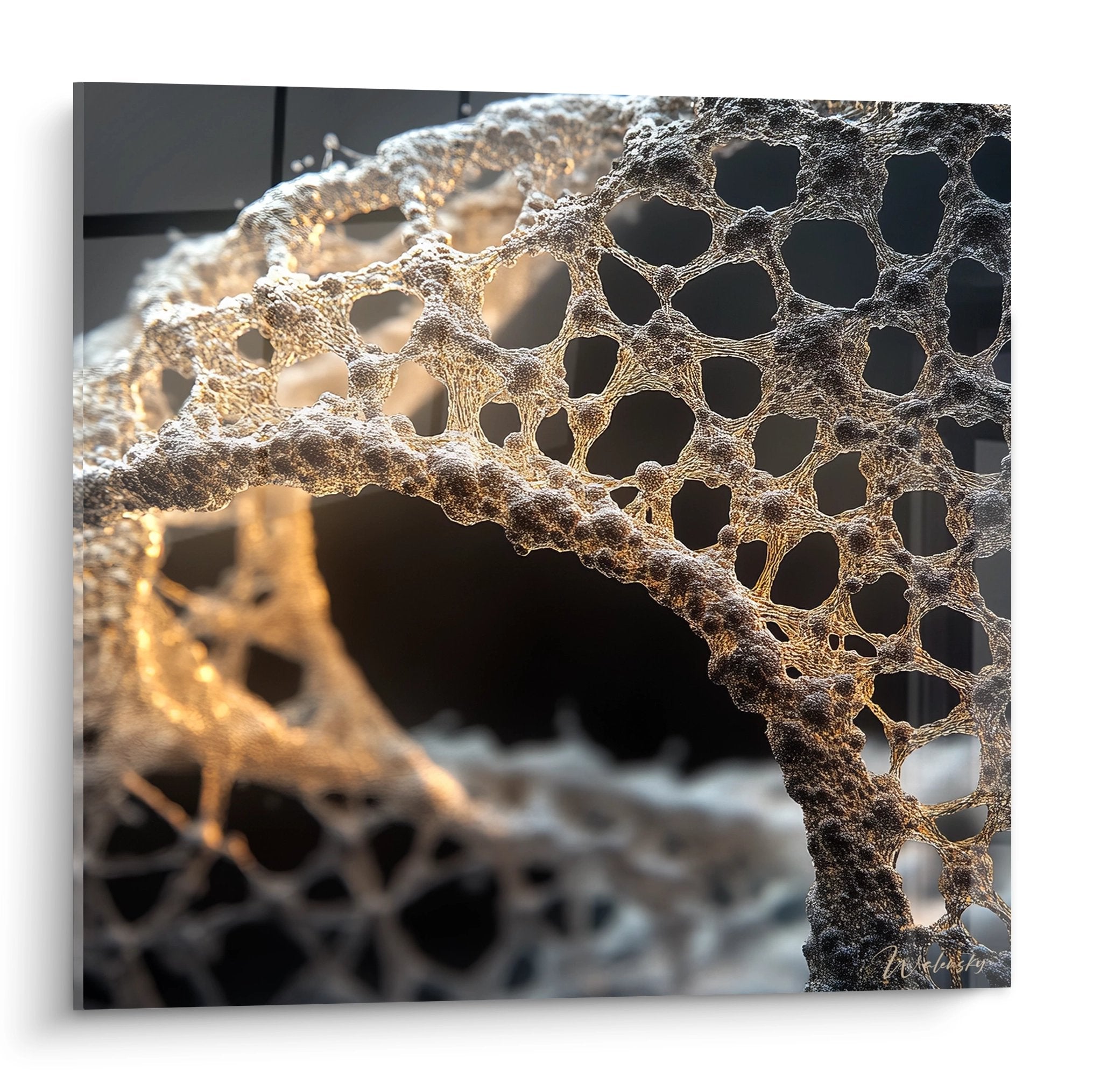 Tableau mural structure moléculaire ADN avec motif alvéolaire doré et éclairage artistique moderne