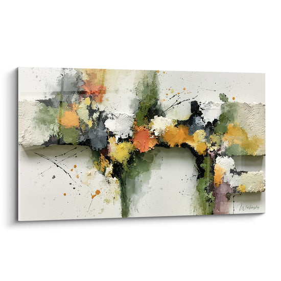 Bande texturée ocre et vert sauge, éclaboussures noires sur toile ivoire, style peinture abstrait