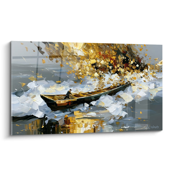 Barque dorée style Peinture abstrait fendant des vagues grises et blanches sous ciel ocre