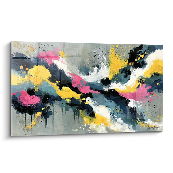 Tableau Coulée diagonale rose et jaune éclaboussée - Traînées de peinture ruisselantes - Edition style Peinture abstrait