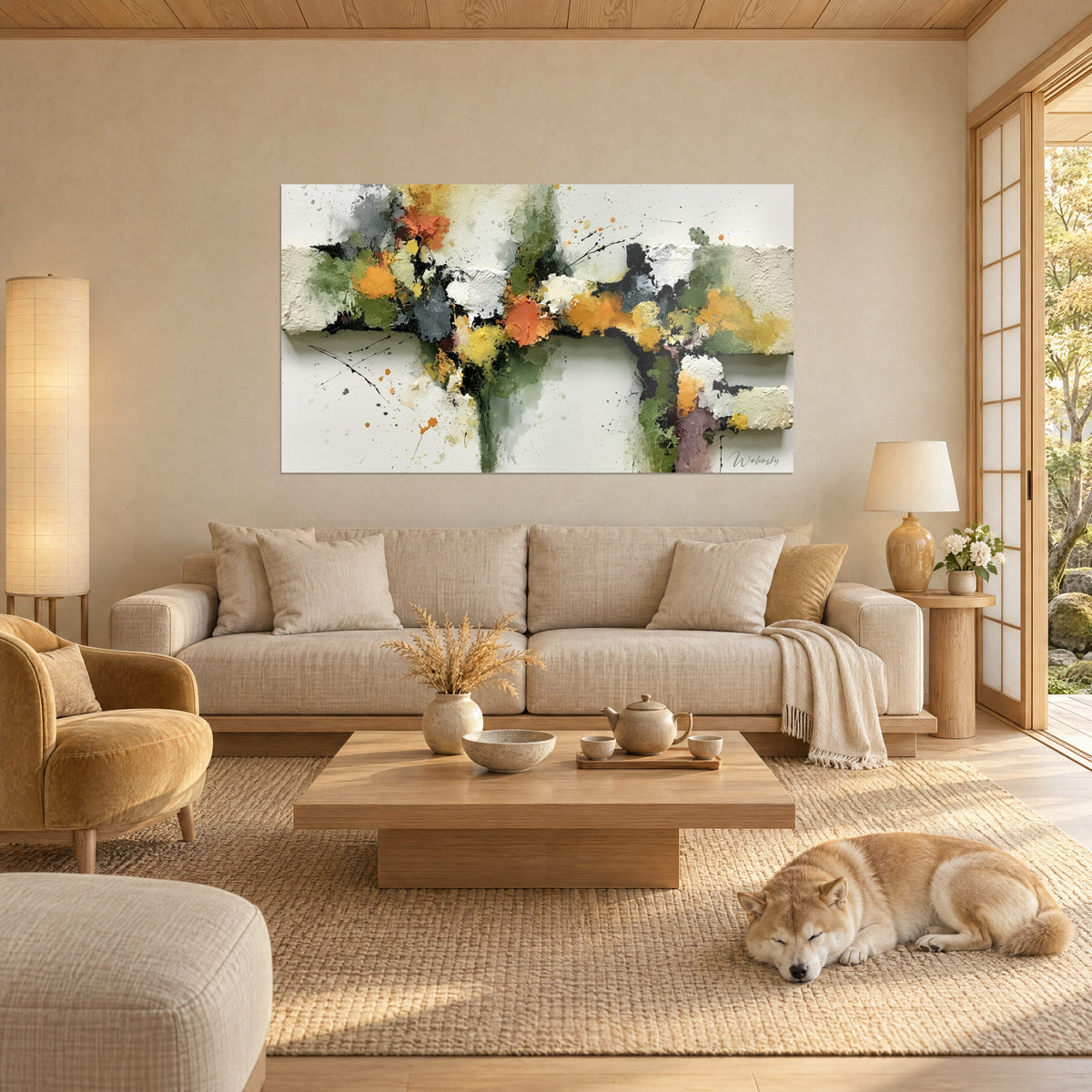 Tableau bande horizontale vert sauge et orange éclaboussée d'encre noire, relief épais, Shiba couché, au-dessus d'un canapé dans un salon lumineux