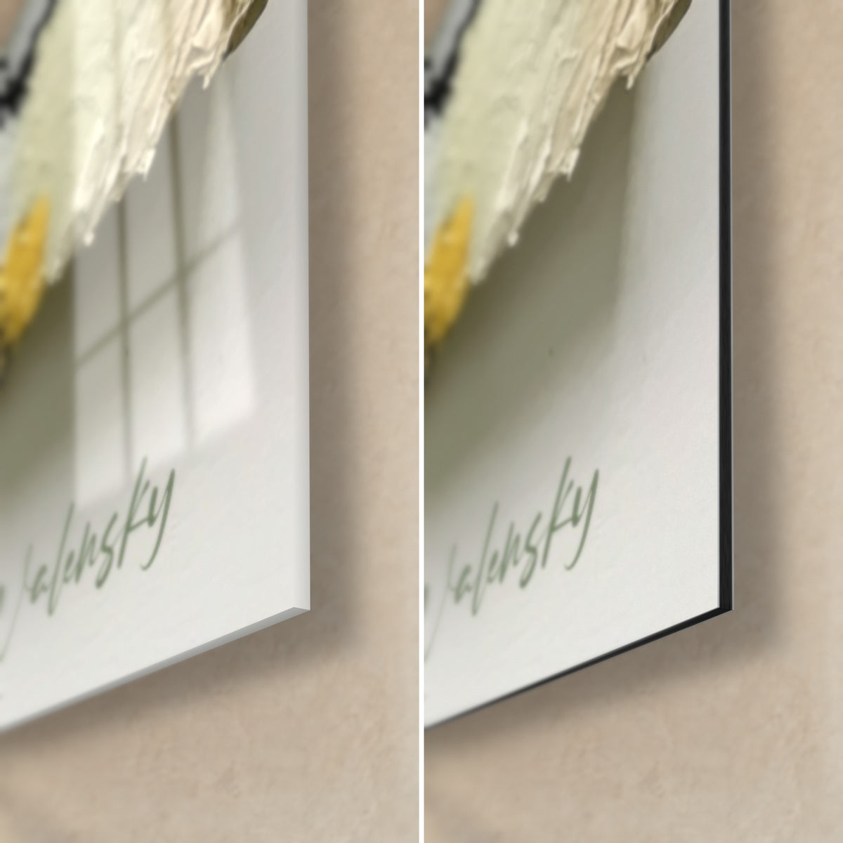 Tableau bande abstraite aux empâtements ivoire et jaune, coin bas droit : verre acrylique brillant à gauche, Dibond mat à droite