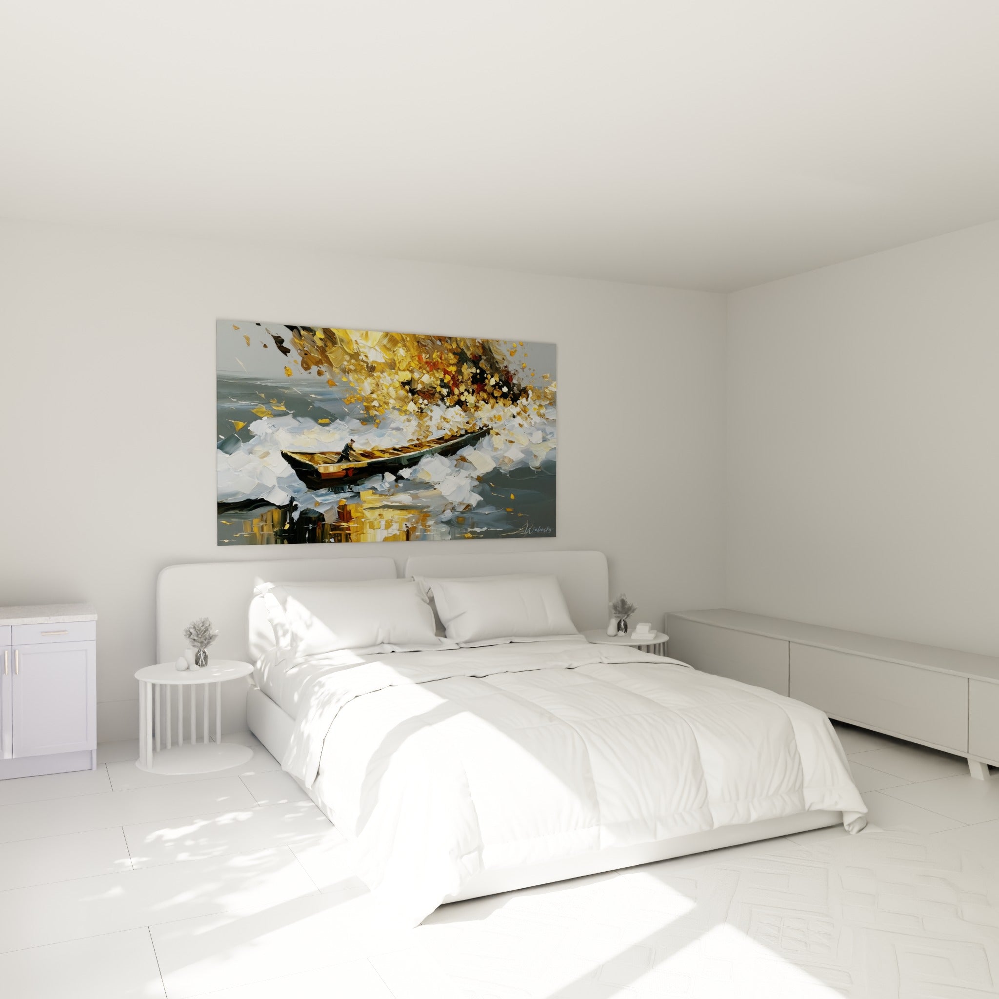 Rameur solitaire style Peinture abstrait doré et gris au-dessus d'un lit dans une chambre claire