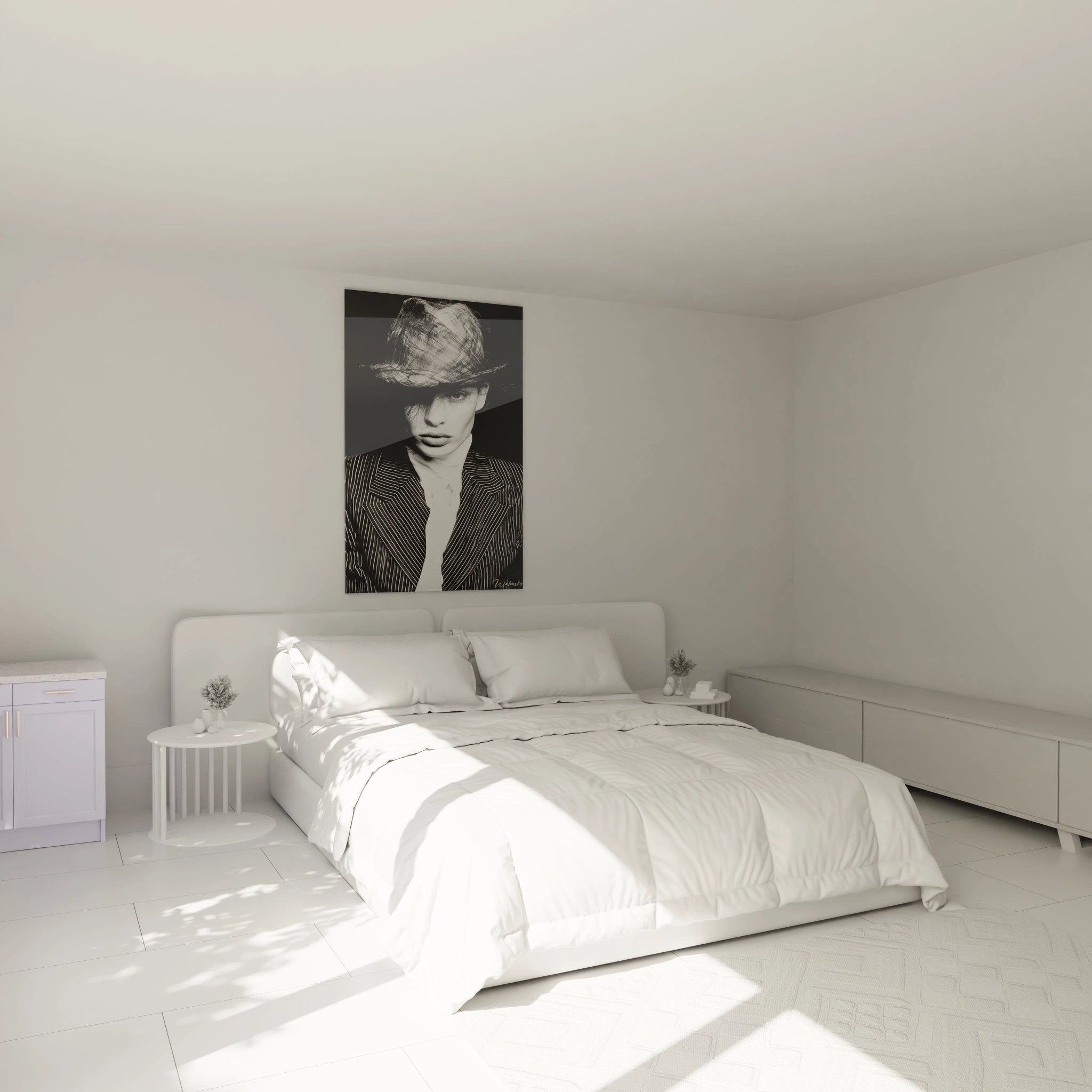 Tableau années 40 de Walensky accroché dans une chambre moderne avec lit blanc et mobilier minimaliste