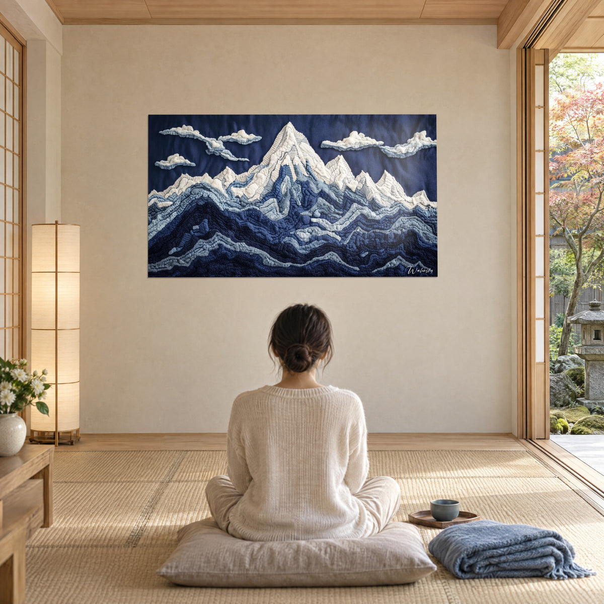 Cuadro paisaje alpino en punto de ganchillo, campos de nieve blancos y valles azul profundo, frente a una mujer sentada en meditación