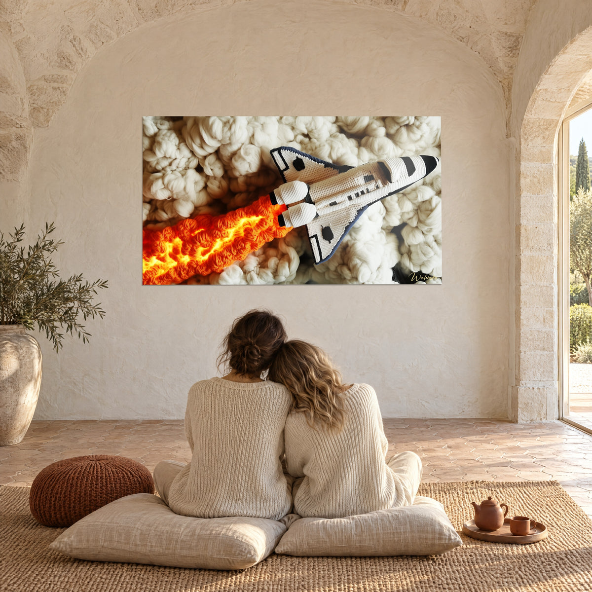 Cuadro transbordador de ganchillo despegando hacia un cielo de lana blanca, estela naranja incandescente, pareja sentada sobre cojines crema
