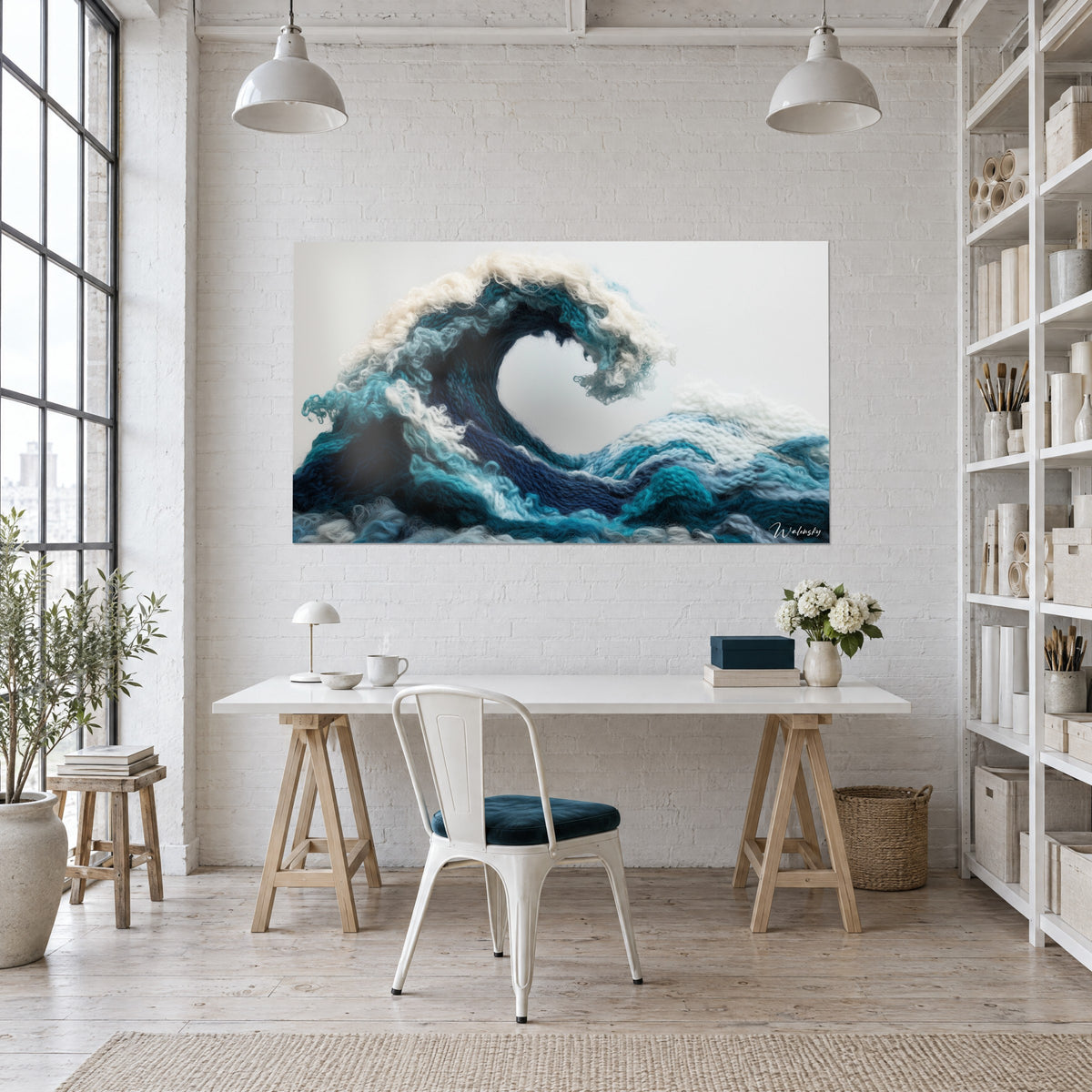 Cuadro rodillo marino de fibras algodonosas, degradado turquesa a azul noche, colgado detrás de un escritorio blanco