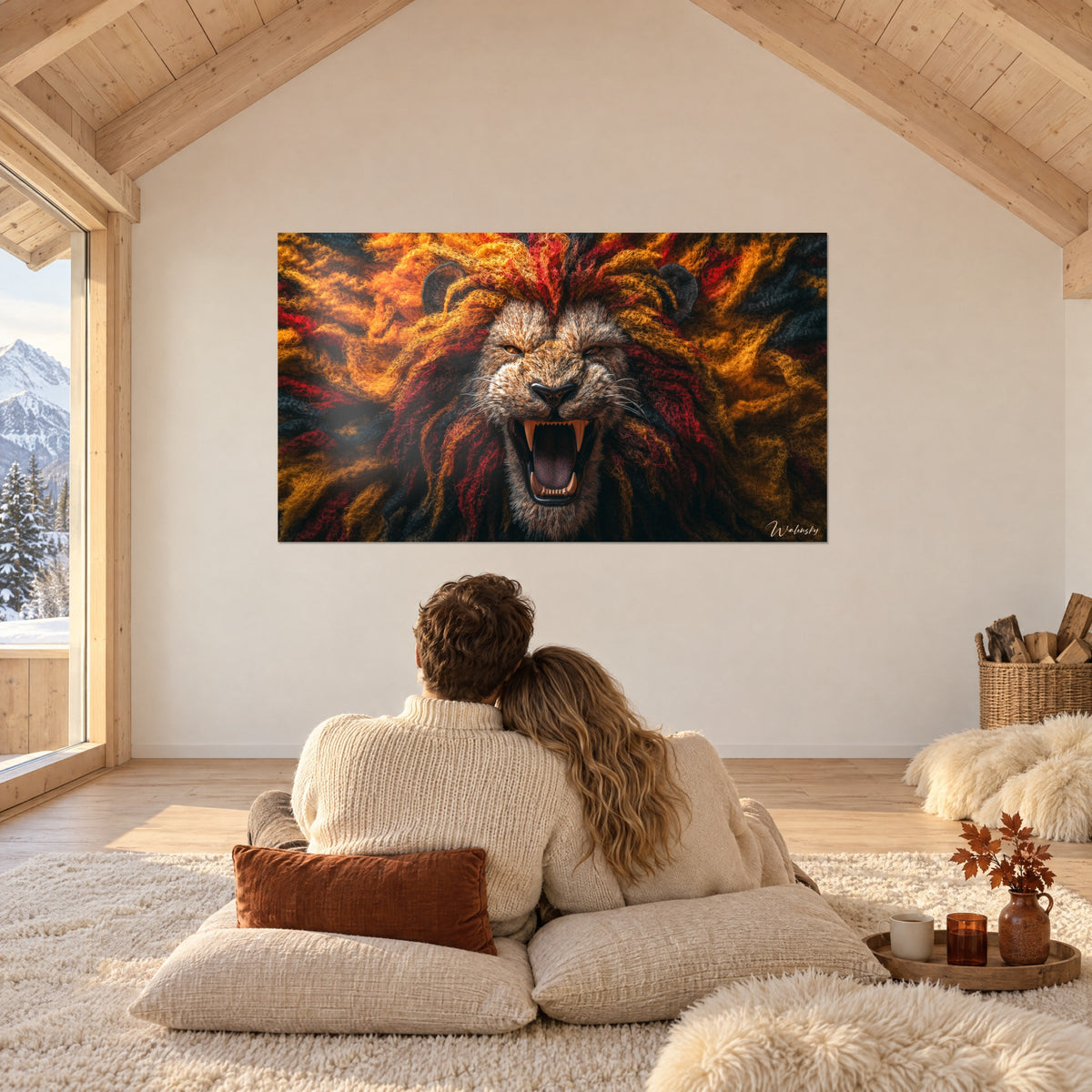 Cuadro felino rugiente de pelaje leonado y melena roja fuego, una pareja de espaldas sobre cojines blancos, chalet bajo las vigas