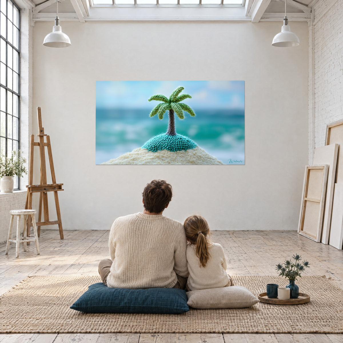Wall art crocheted miniature island, soft green palm tree on a turquoise dome, parent and child seated from behind in a bright studio