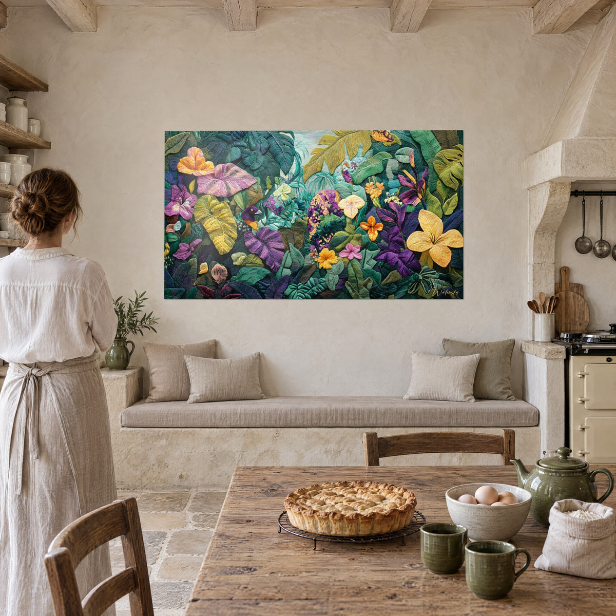 Gemälde üppige Vegetation aus bunten Fäden, violetter Vogel mit orangefarbener Kehle, olivgrüne Blätter und blassrosa Blüten, in einer Küche mit Steinwänden
