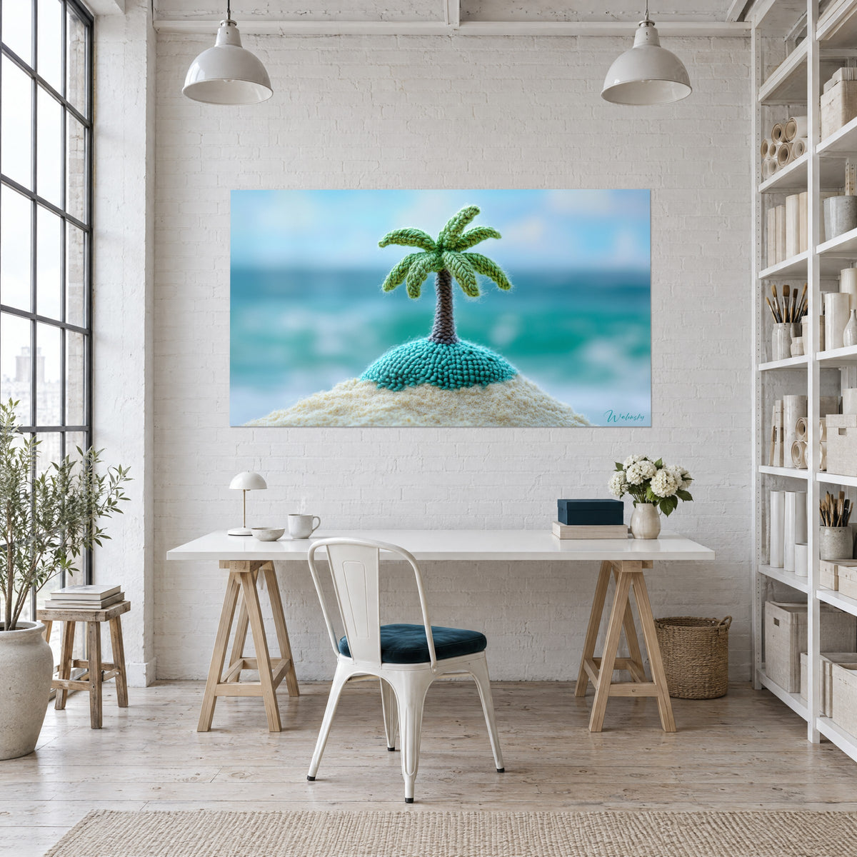 Wall art knitted palm tree with green fronds and ecru sand, blurred blue-green sea, hung on the white wall of an office