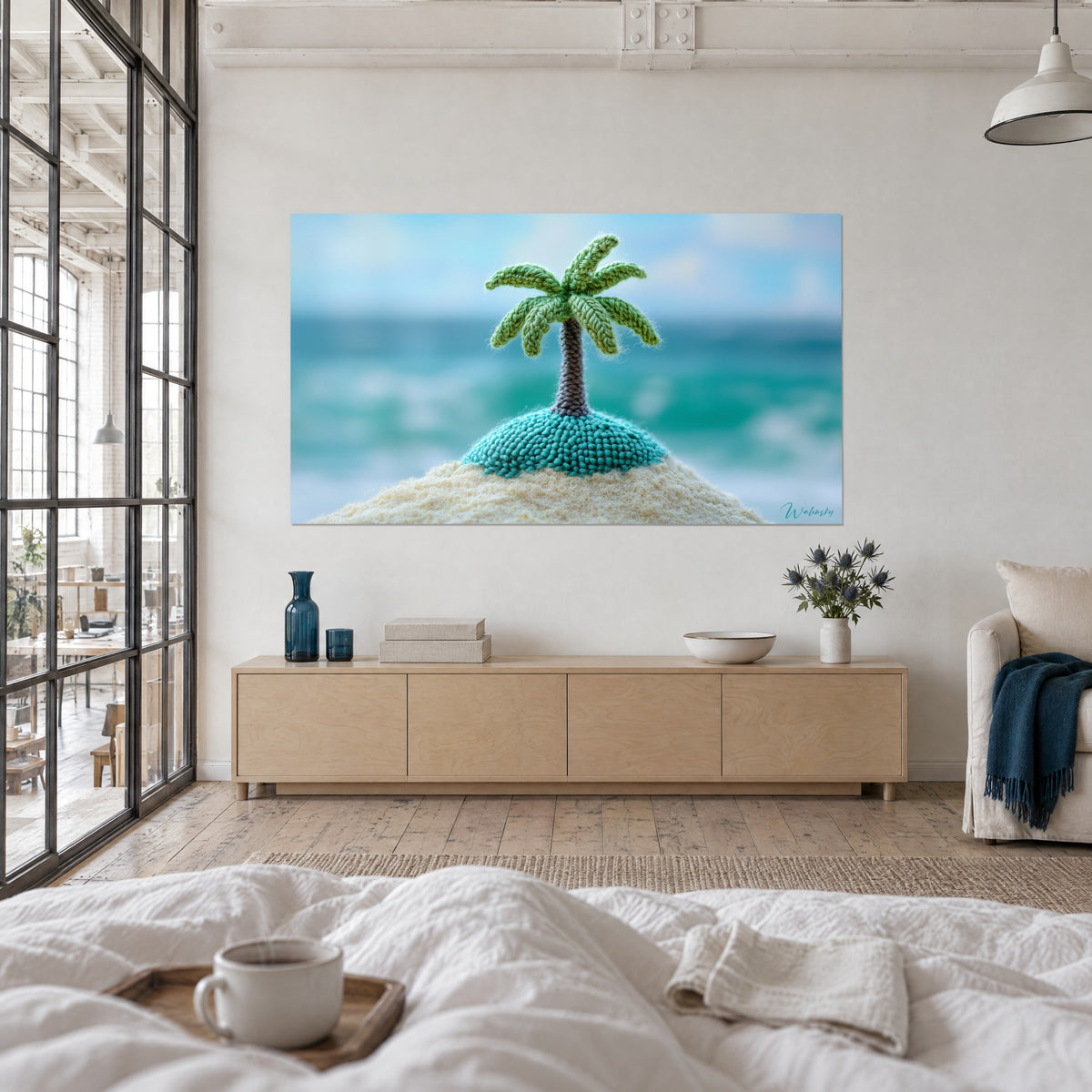 Wall art wool coconut palm on a turquoise islet, pale blue sky, couple seen from behind, above a bed in a bright bedroom