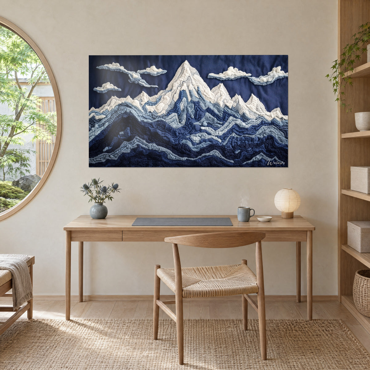 Cuadro cadena de picos en punto suave, nubes marfil sobre fondo azul noche, colgado encima de un escritorio de madera clara