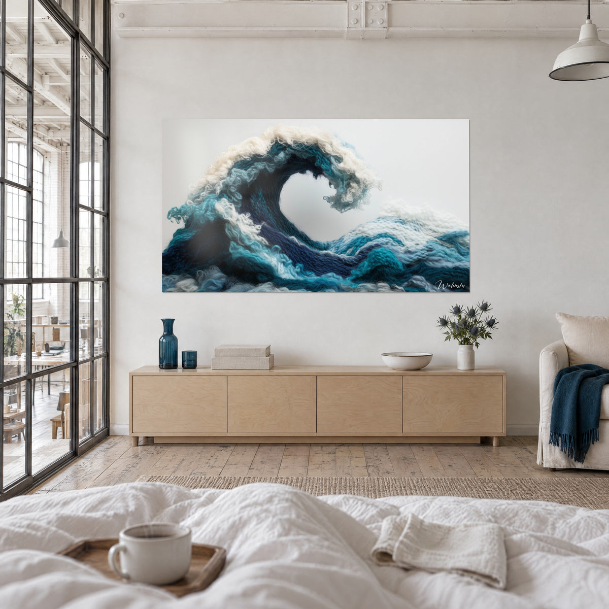 Cuadro rompiente de lana crochet, volutas crema y azul petróleo, encima de una cama en un dormitorio claro