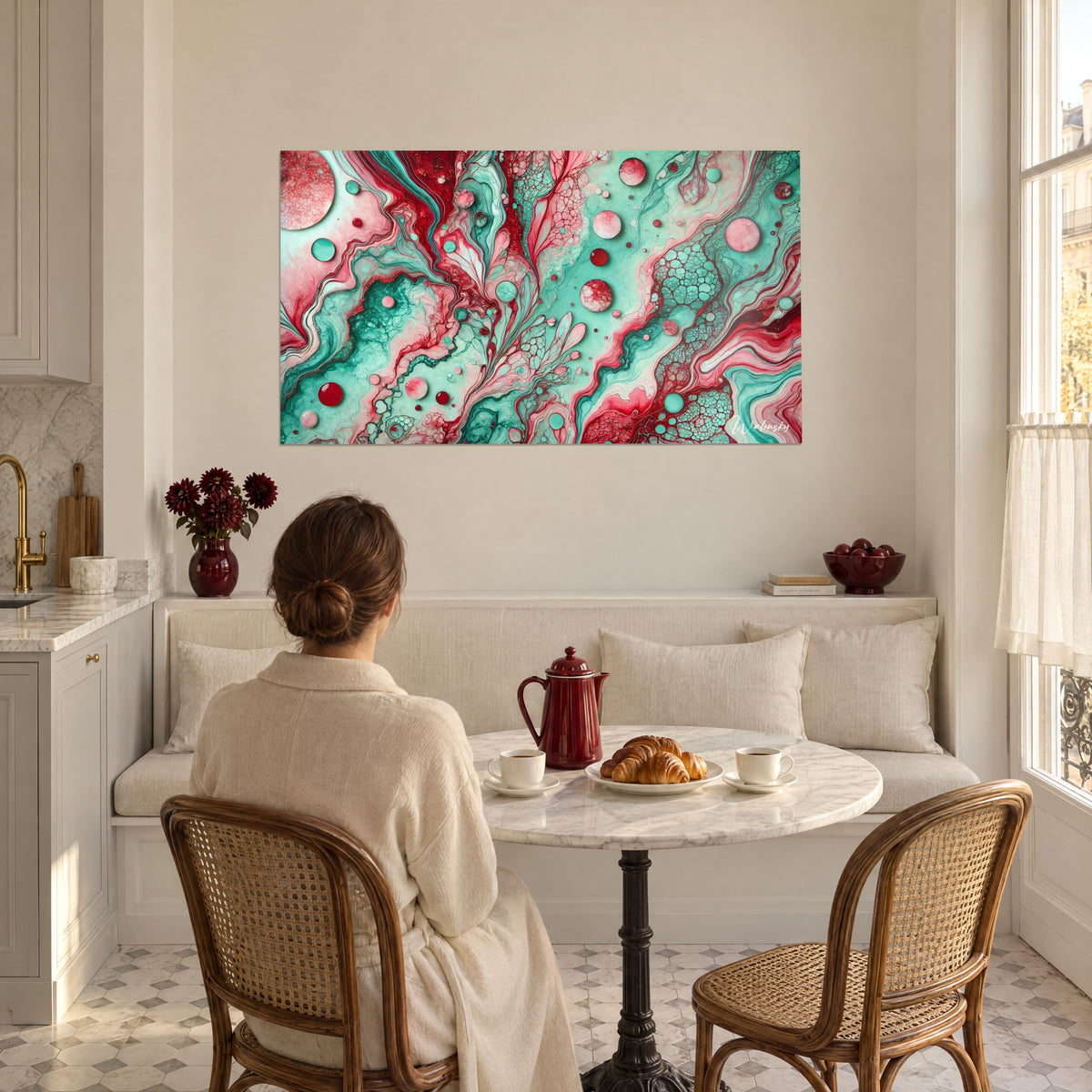 Cuadro de pintura acrílica fluida, ondulaciones turquesa y rojo cereza, celdas escarchadas, frente a un rincón de comedor con molduras de madera blanca