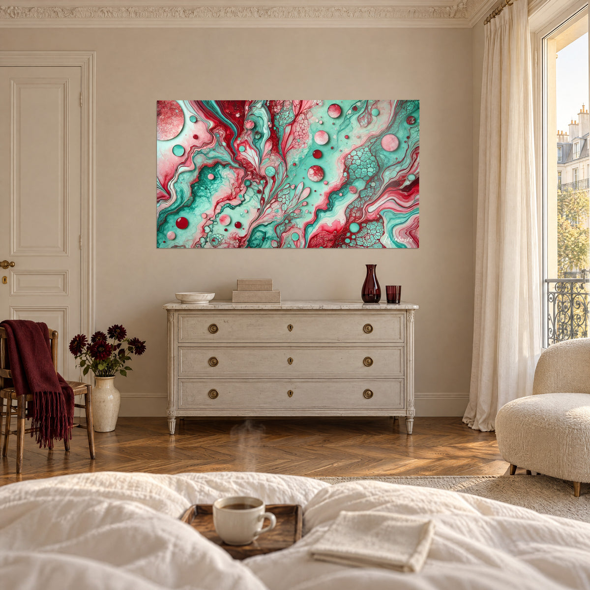 Cuadro con vetas rojo granate y verde agua en torsión, perlas rosadas, sobre una cama en un dormitorio luminoso