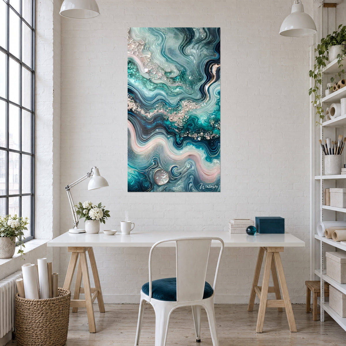 Cuadro fluido con olas gruesas verde azulado y crema, estela de purpurina plateada, encima de un escritorio blanco de loft