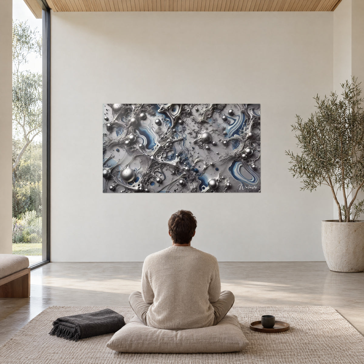 Schilderij van een geborstelde stalen planeet, ultramarijnblauwe krullen op assengrijze achtergrond, tegenover een persoon in zittende meditatie