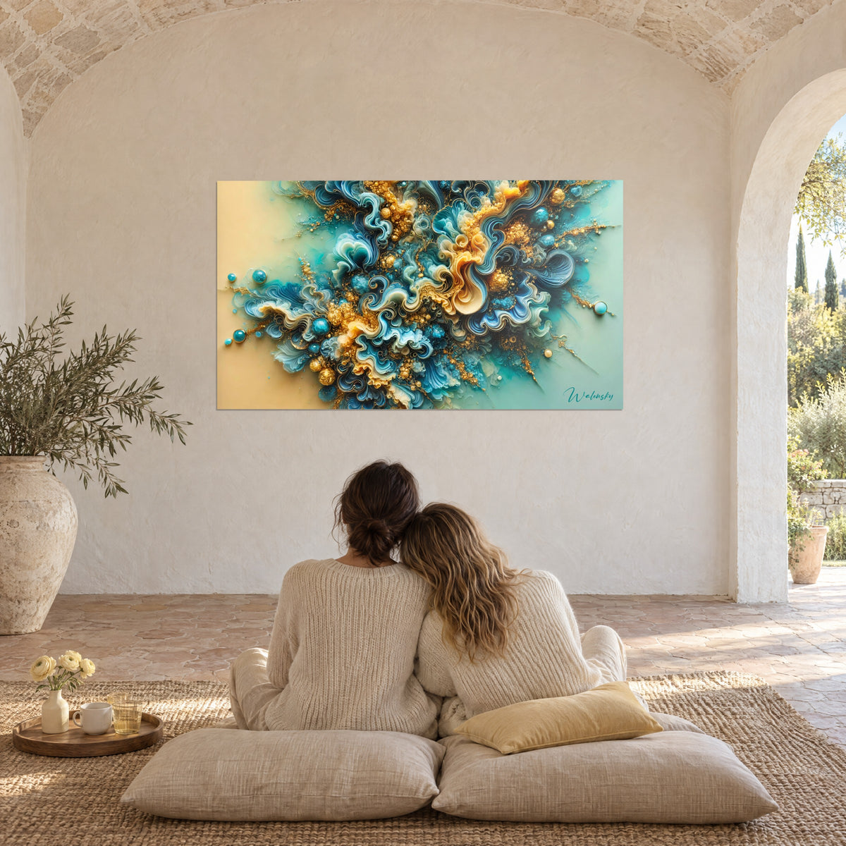 Gemälde flüssige Blüte mit gewellten Blütenblättern in Entenblau und Gold, umschlungenes Paar von hinten auf Kissen, unter einem hellen Gewölbe