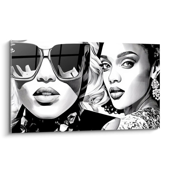 Tableau illustration de mode en noir et blanc mettant en scène deux femmes avec lunettes de soleil élégantes