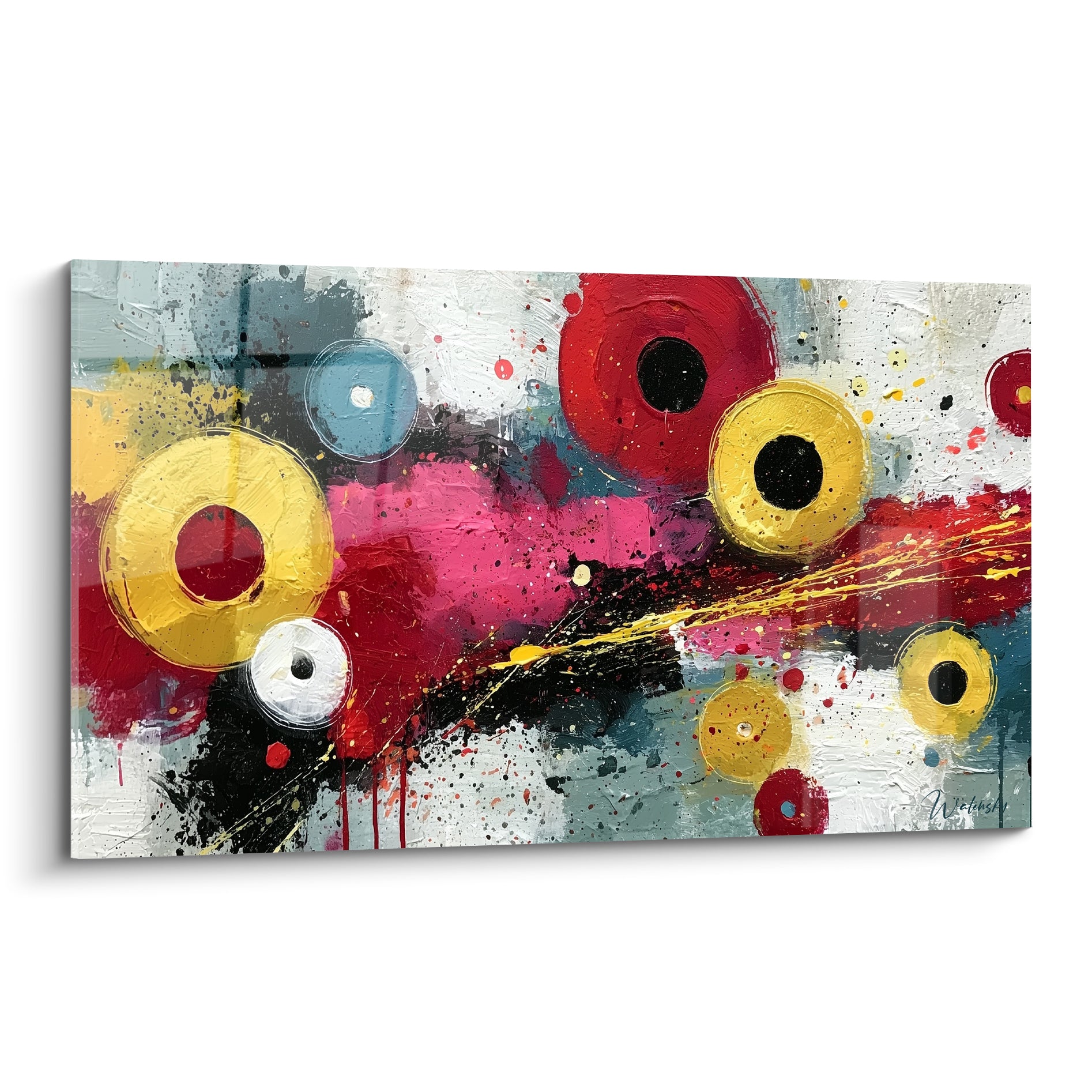 Anneaux dorés et rouges éclatants sur fond gris et blanc, style Peinture abstrait en pleine composition