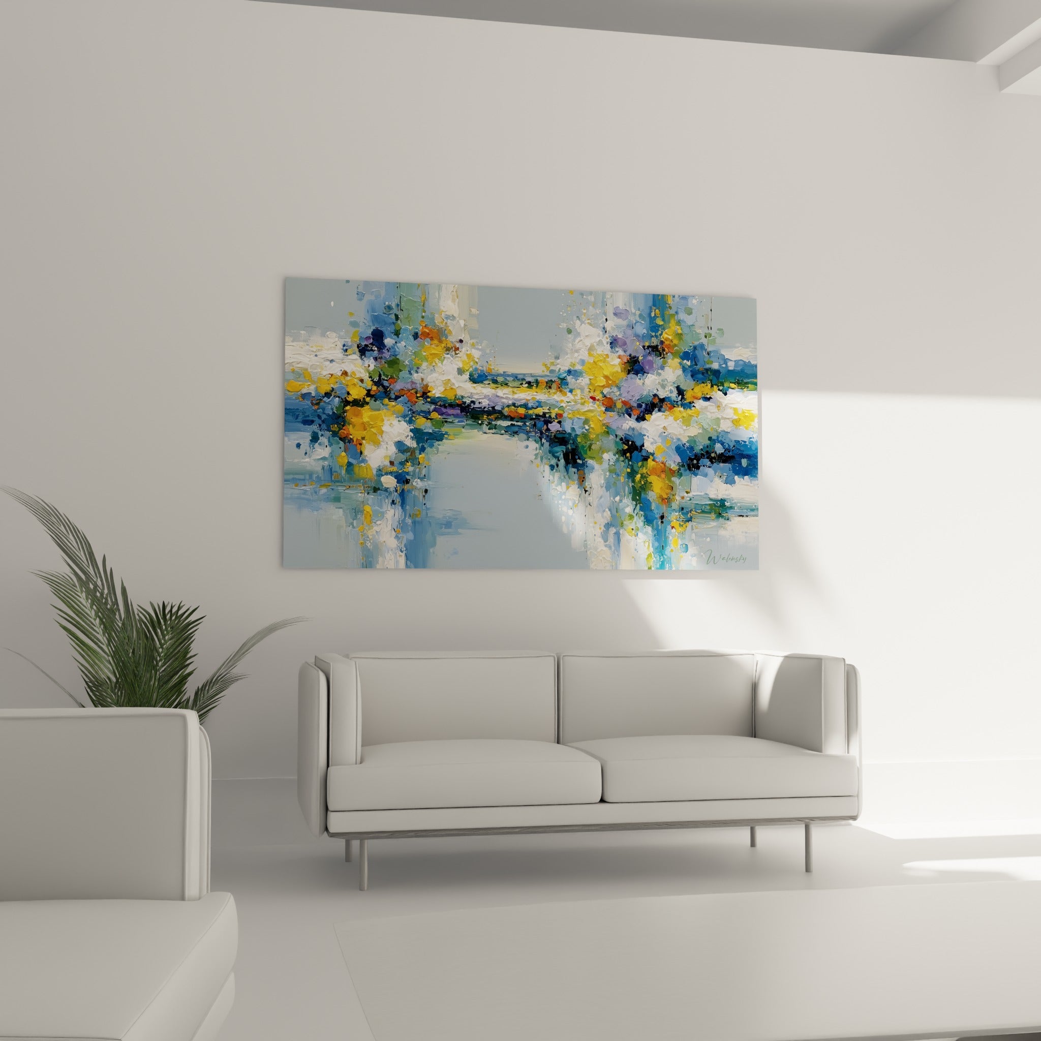 Composition anthracite et jaune doré, style Peinture abstrait, au-dessus d'un canapé dans un salon lumineux