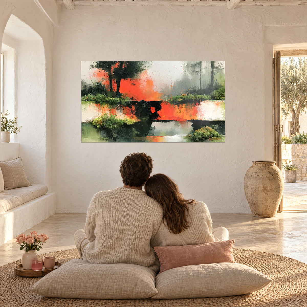 Tableau arbres noirs devant un ciel gris et des coulées orange, couple de dos sur coussins, maison chaulée