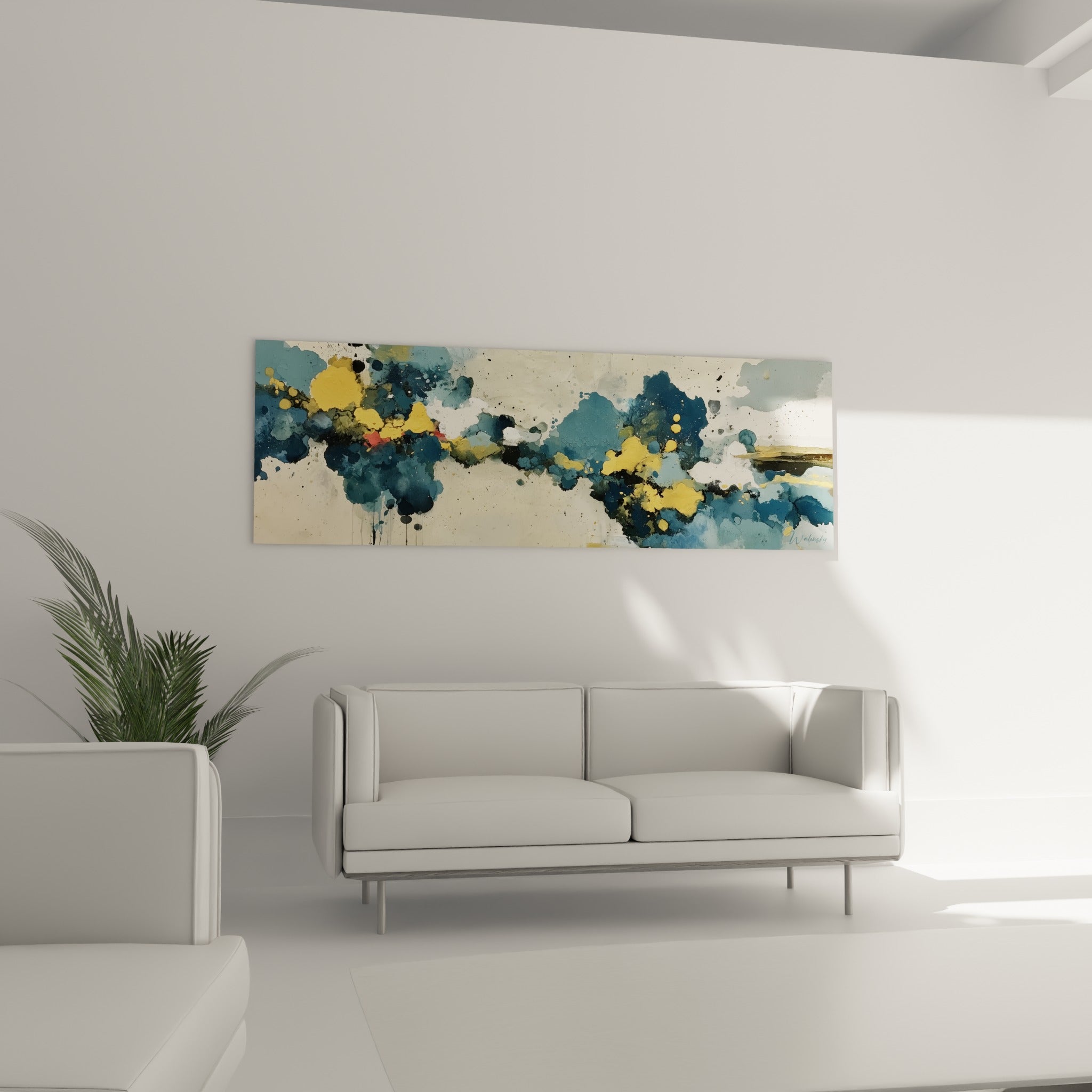 Composition ivoire et bleu marine de ce tableau abstrait au-dessus d'un canapé dans un salon lumineux