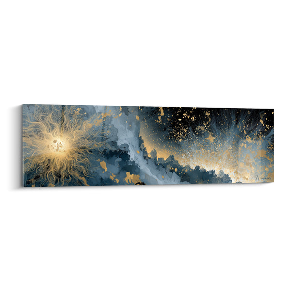 Tableau Astre doré aux volutes bleu marine et noir - Étoile filamenteuse rayonnante - Edition style Peinture abstrait