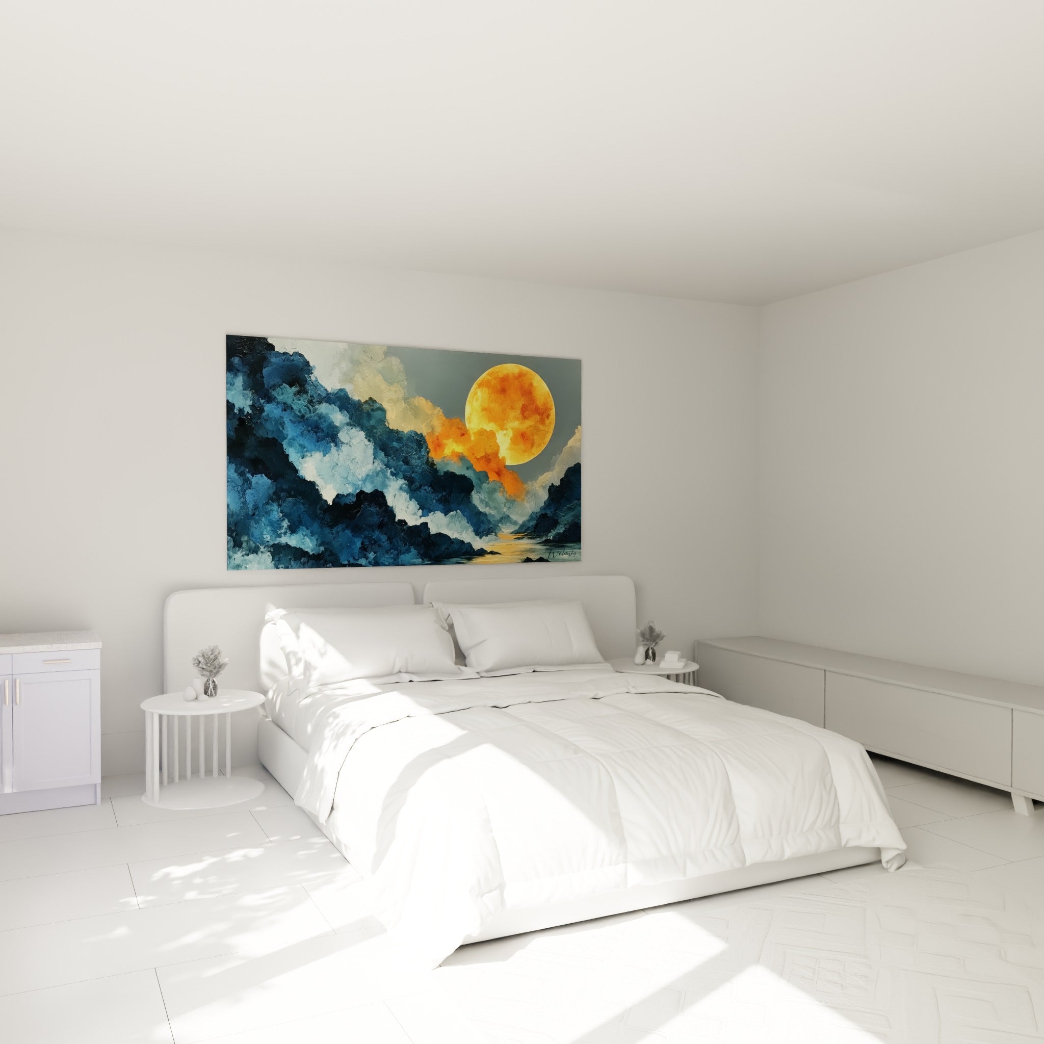 Astre fauve et reliefs bleu ardoise composent ce style Peinture abstrait au-dessus d'un lit dans une chambre claire
