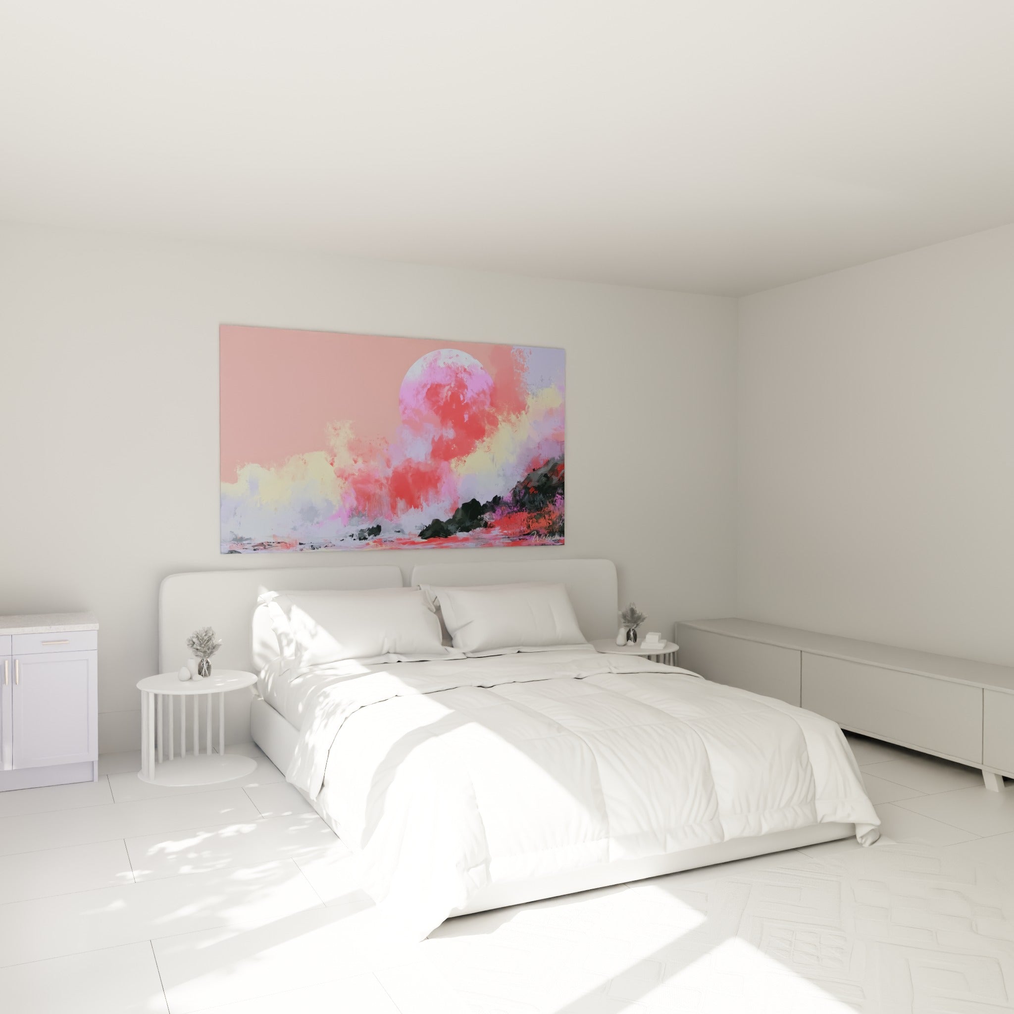 Vague corail et soleil fuchsia peints en touches épaisses, accrochés au-dessus d'un lit dans une chambre claire